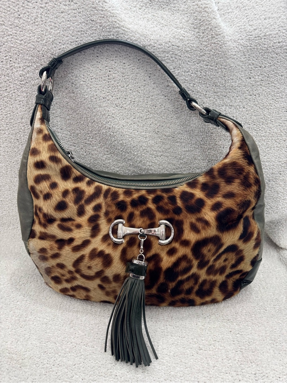 Leopard Print Shoulder Hobo Bag with Dark Green Trim and Tassel